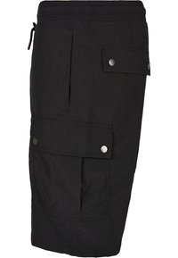 Shorts cargo noirs en tissu léger, dotés de plusieurs grandes poches avec fermetures à pression, d'une taille élastique et d'une coupe décontractée.
