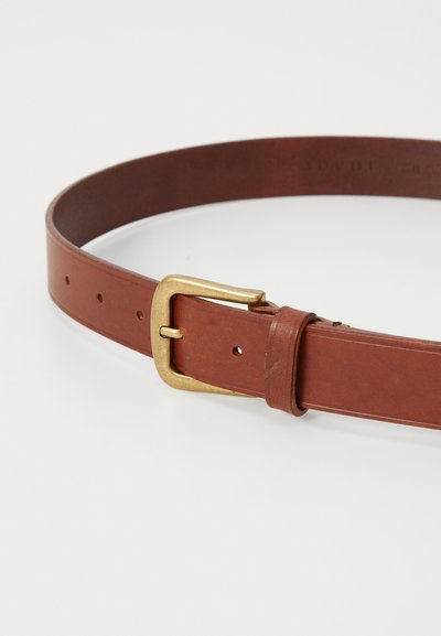 Brown leather belt with a matte finish, featuring a brass prong buckle and several adjustment holes for size flexibility.