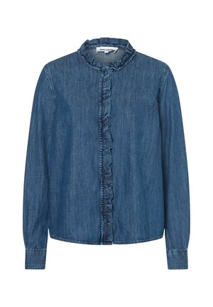 Blaue Jeansbluse mit langen Ärmeln, Rüschenkragen und Rüschensaum entlang der vorderen Knopfleiste.