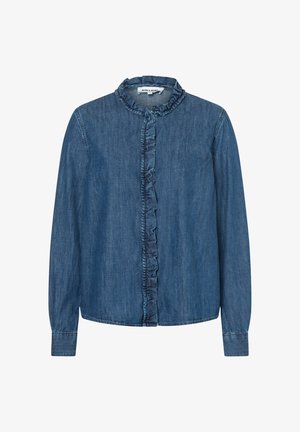 Blouse en denim bleu à manches longues avec col à volants et bordure à volants courant le long de la patte de boutonnage avant.