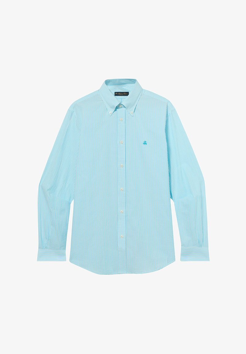 Chemise pour homme bleu clair à boutons, rayures verticales blanches, manches longues, col boutonné et petit logo brodé sur la poitrine.
