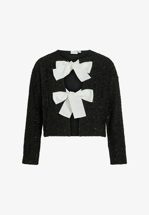 Melnā teksturētā īsā jaka ar divām lielām baltām lentēm priekšpusē, garām piedurknēm un apaļu dekoltē.