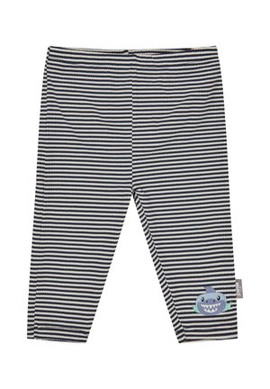 Leggings für Kleinkinder mit marineblau-weißen horizontalen Streifen und einer kleinen lachenden Haifischgrafik nahe dem unteren Saum.