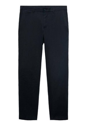 Marineblaue Hosen aus leichtem Stoff, mit flacher Vorderseite, Gürtelschlaufen, Knopfverschluss und zwei Seitentaschen.