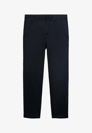 Pantaloni blu navy realizzati in tessuto leggero, con frontale piatto, passanti per cintura, chiusura a bottone e due tasche laterali.