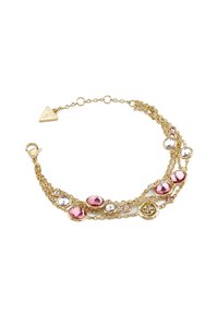 Gold-tone bracelet featuring layered chains, pink and clear crystals of varying sizes, and a circular logo charm. Lobster clasp closure.