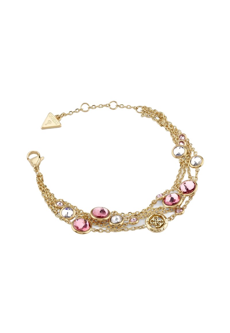 Gold-tone bracelet featuring layered chains, pink and clear crystals of varying sizes, and a circular logo charm. Lobster clasp closure.