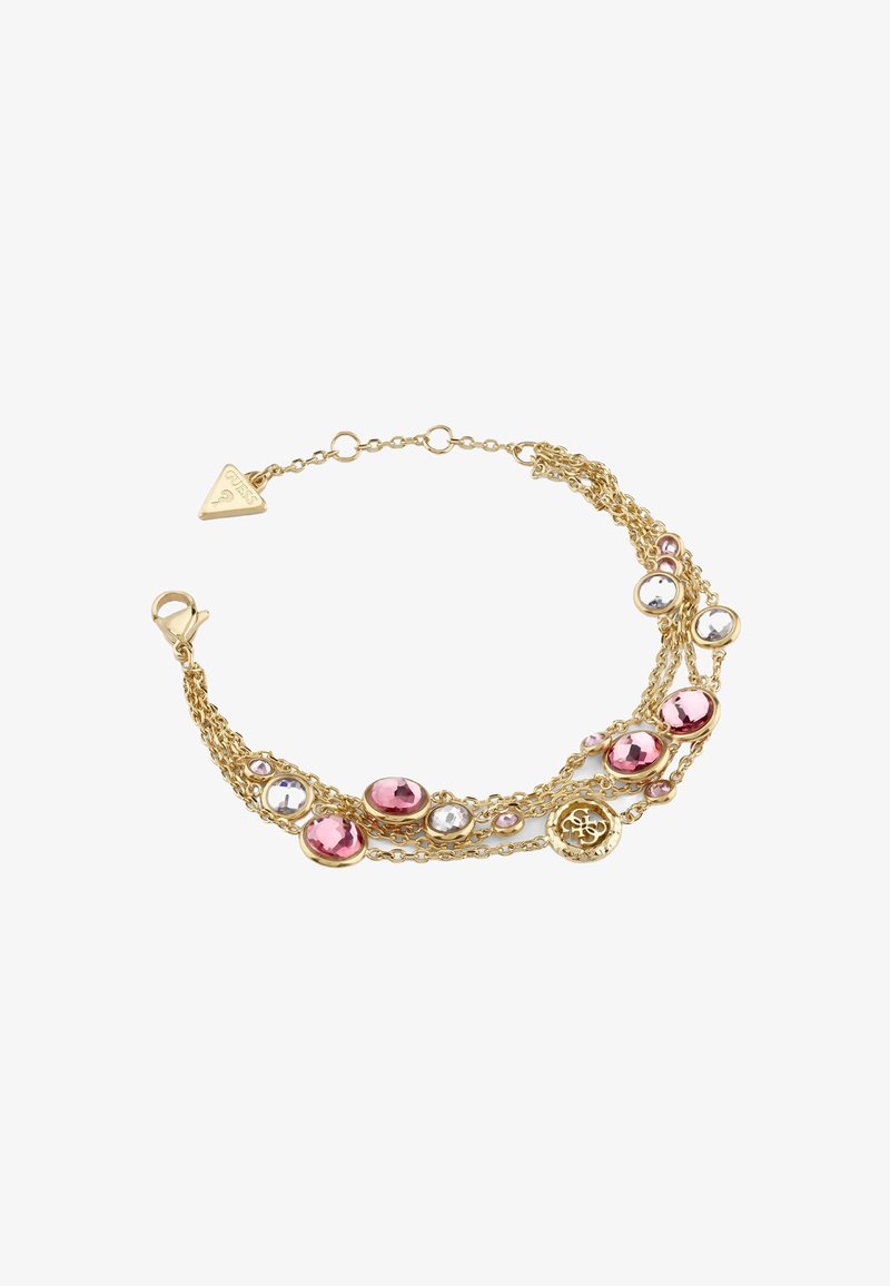 Gold-tone bracelet featuring layered chains, pink and clear crystals of varying sizes, and a circular logo charm. Lobster clasp closure.