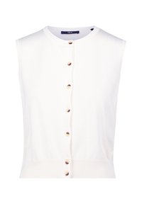 Gilet sans manches en tricot blanc avec un col rond, fermeture à boutons sur le devant et ourlet côtelé. Avec des boutons dorés. Texture lisse.