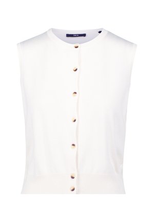Sleeveless white knit vest with a round neckline, button-front closure, and ribbed hem. Features gold-tone buttons. Smooth texture.