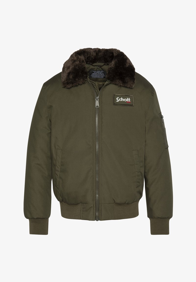 Oliven grøn bomberjakke med et faux fur-krave, ribbede mansjetter og kant, samt en frontlynlås og en sidelomme. Schott-logo patch.