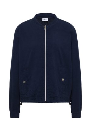 Navyblå tekstureret jakke med lynlås, opretstående krave, to frontlommer med knaplukning og lange ærmer.