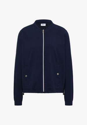 Marineblaue, strukturierte Zip-up-Jacke mit Stehkragen, zwei Vordertaschen mit Knopfverschluss und langen Ärmeln.