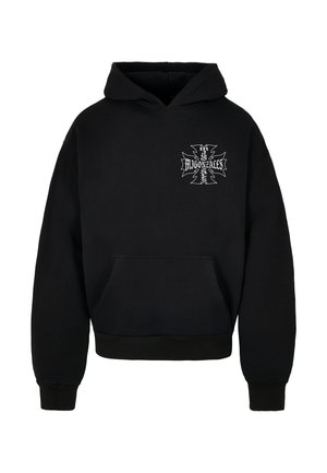 Felpa nera con cappuccio realizzata in misto cotone, dotata di tasca frontale, polsini a coste e un design stampato sul petto con caratteri gotici.