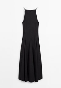 Sort ærmeløs kjole med fitted bodice og udvidet nederdel. Har en lynlås i ryggen og et minimalistisk design. Glat stofstruktur.