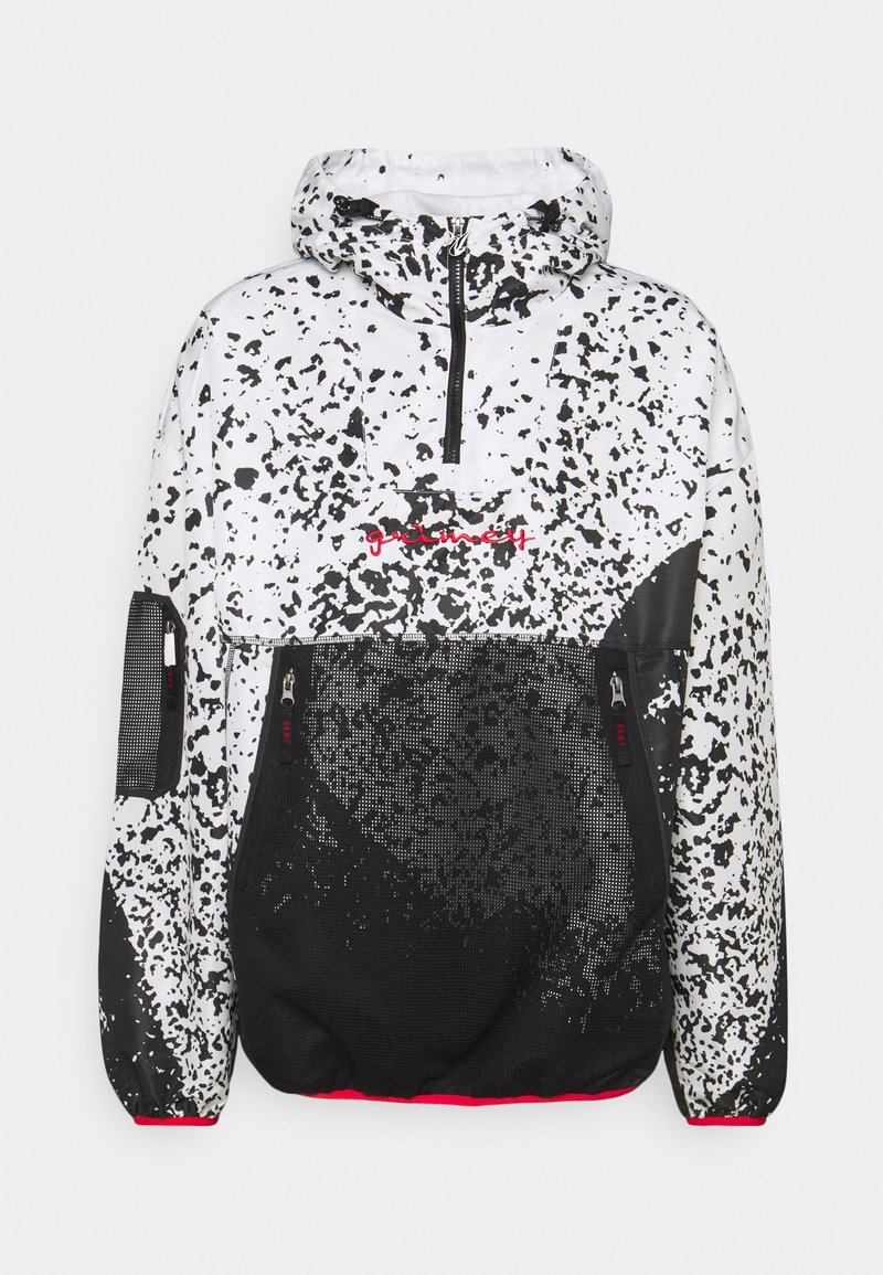 White and black speckled hooded jacket with front zipper, two zippered pockets, and red embroidered text centered on chest.