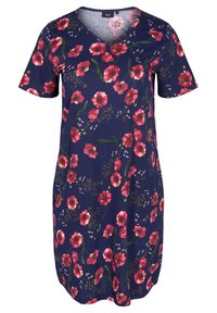 Vestido de manga corta azul marino con escote en V, adornado con grandes estampados florales en color rosa y tallos verdes, elaborado en una suave tela texturizada.