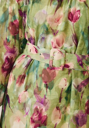 Vestito verde trasparente con stampa floreale rosa e viola, con cintura in tessuto abbinata con fibbia rettangolare in vita.