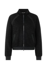 Schwarze Bomberjacke mit strukturiertem Zebramuster, ausgestattet mit Reißverschluss vorne, Stehkragen sowie gerippten Bündchen und Saum.