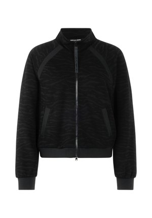 Schwarze Bomberjacke mit strukturiertem Zebramuster, ausgestattet mit Reißverschluss vorne, Stehkragen sowie gerippten Bündchen und Saum.