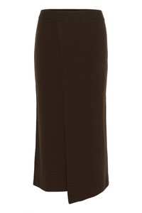 Dark brown, knee-length knit skirt with a slightly flared hem and a side slit, featuring a soft, smooth texture and elastic waistband.