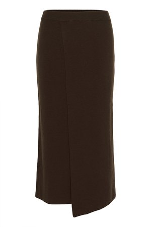 Dark brown, knee-length knit skirt with a slightly flared hem and a side slit, featuring a soft, smooth texture and elastic waistband.