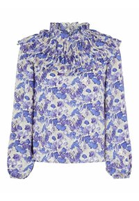 Blommig blus i lätt tyg med nyanser av lila och blått. Volangkrage och långa puffärmar med elastiska manschetter.