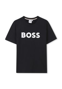 T-shirt in cotone nero con il nome del marchio "BOSS" in grassetto, testo bianco, sul davanti. Maniche corte e scollo rotondo.