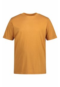 Kortærmet sennepsgul T-shirt lavet af bomuld, med rund halsudskæring og glat tekstur, prydet med et simpelt og udekoreret design.