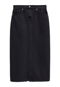Jupe midi en denim noir avec fente à l'avant, passants pour ceinture, fermeture par bouton et design à cinq poches.