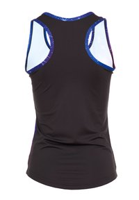 Tricou sport negru, cu un design tip racerback, având accente violet și albastru în jurul umerilor și o textură moale, ajustată.