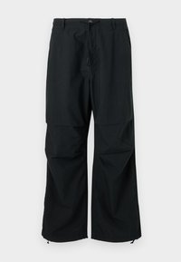Sorte, vide benbukser med snoreliv og elastiske kanter. Lavet af letvægtigt, tekstureret stof. Simpelt design.
