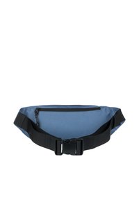 Fanny pack in blue fabric with a black adjustable strap and buckle. Features a front zip pocket. Smooth texture and minimalist design.