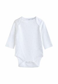 Fehér, hosszú ujjú bodyn kicsi kék pöttyökkel, puha pamut anyagból, kerek nyakkivágással, a alján patentos záródással és bordázott mandzsettákkal.