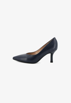 Scarpa con tacco alto in pelle blu navy, con punta affusolata e tacco sottile e curvo. Texture liscia con dettagli di design minimi.