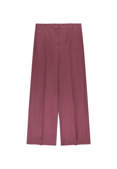 Pantalones de pierna ancha de tiro alto en color malva, con pinzas delanteras, bolsillos laterales, trabillas para cinturón y cierre de cremallera oculto.