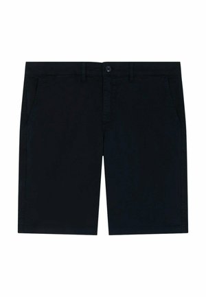 Short noir longueur genou avec passants de ceinture, poches latérales, bouton à l’avant et fermeture éclair, posé à plat sur un fond blanc.