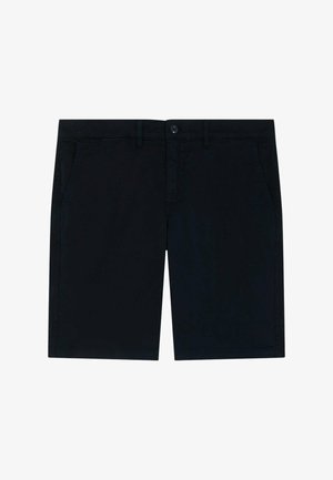 Short noir longueur genou avec passants de ceinture, poches latérales, bouton à l’avant et fermeture éclair, posé à plat sur un fond blanc.