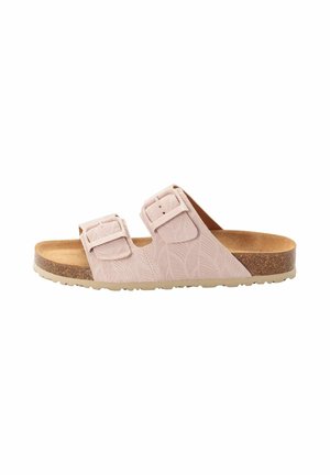 Two-strap sandals with a pink textured upper featuring a leaf pattern, cork footbed, and rubber outsole for traction.