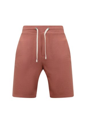 Rustkleurige casual shorts met een elastische tailleband en witte trekkoord, met zijzakken en een gladde stoftextuur.