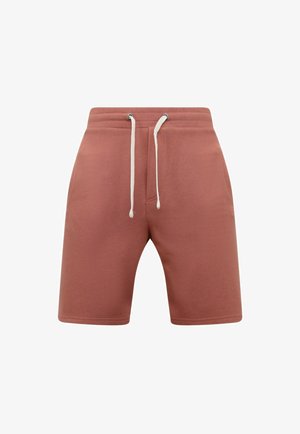 Rustkleurige casual shorts met een elastische tailleband en witte trekkoord, met zijzakken en een gladde stoftextuur.