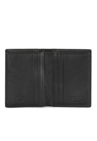 Cartera de cuero negro con textura de grano, que cuenta con múltiples ranuras para tarjetas y una marca en relieve en el interior. Diseño plano y abierto.