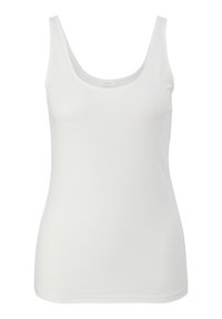 Débardeur blanc sans manches avec encolure dégagée, coupe ajustée et tissu lisse.