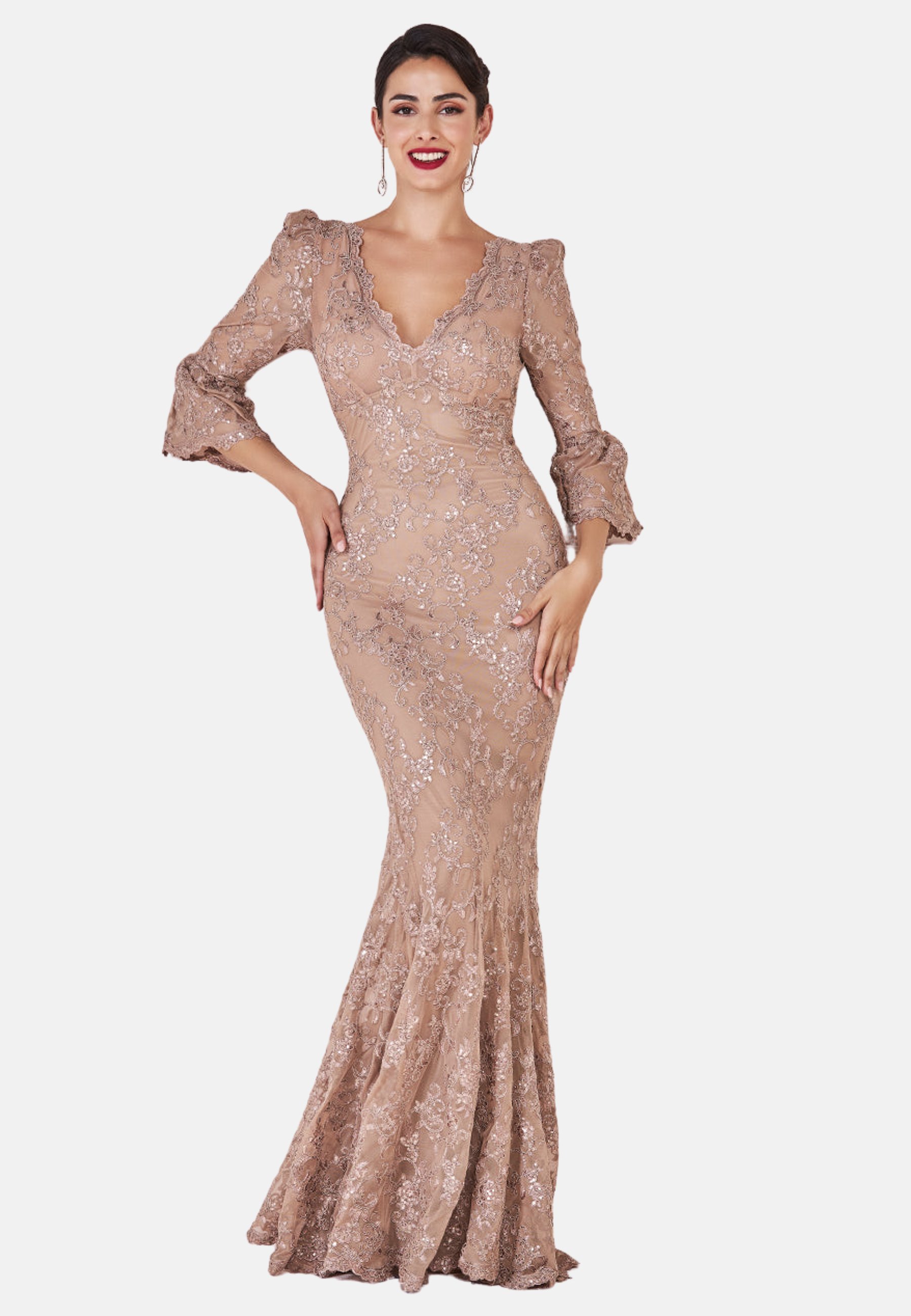 chinese dress ladies Goddiva Scalloped Lace & Chiffon Winged Corset Bodice Maxi Dress
