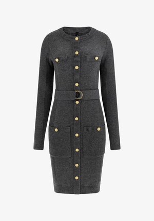 Vestito grigio a maglia con maniche lunghe, caratterizzato da bottoni dorati, due tasche anteriori e una vita cintata con fibbia circolare.