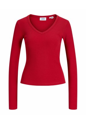Haut rouge en maille côtelée à manches longues avec col en V et taille cintrée, présenté sur fond blanc.