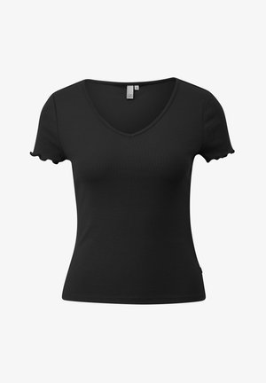 Črna majica s kratkimi rokavi z V-izrezom in naborki na konicah rokavov, izdelana iz rebraste tkanine, z majhno oznako znotraj pri ovratniku.