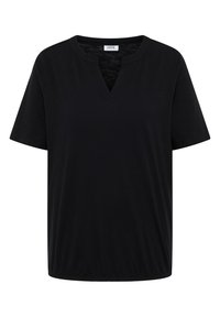 Schwarzes Kurzarmshirt mit rundem Ausschnitt und kleinem V-förmigem Ausschnitt, lockere Passform, Etikett "Cecil" im Kragen.