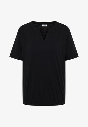 Schwarzes Kurzarmshirt mit rundem Ausschnitt und kleinem V-förmigem Ausschnitt, lockere Passform, Etikett "Cecil" im Kragen.