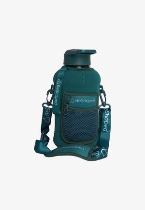 Dark green insulated water bottle with a textured sleeve, mesh pocket, and a shoulder strap. Features a secure twist cap and logo accent.